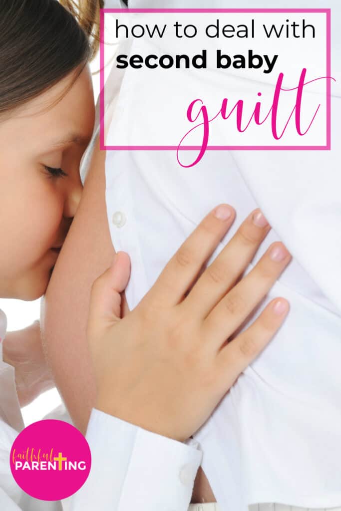 child caressing moms pregnant belly how to do deal with second baby guilt